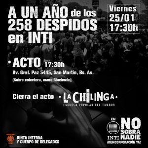 Viernes, acto a un año de los 258 despidos en el INTI