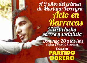 Domingo 20: acto del Partido Obrero a 9 años del crimen de Mariano Ferreyra