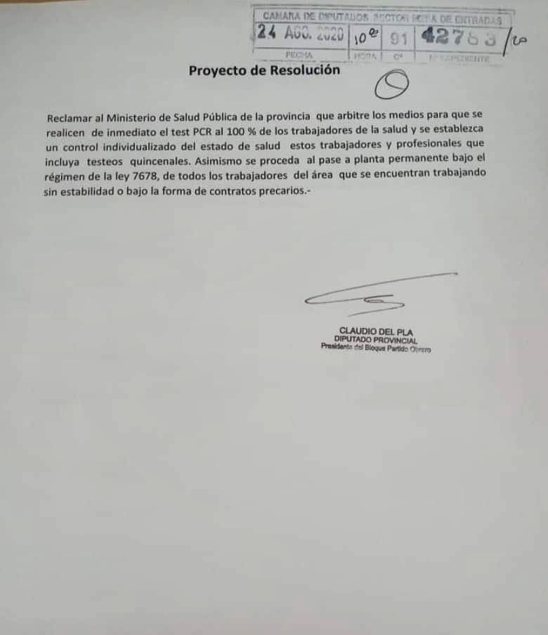Salta: Diputados oficialistas rechazan testeos a trabajadores de la salud
