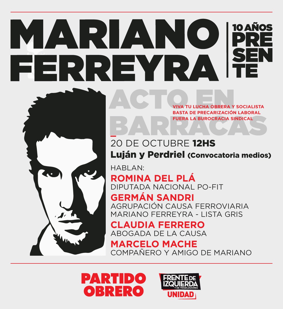 Martes, 12h, acto a 10 años del crimen de Mariano Ferreyra en Luján y Perdriel, Barracas
