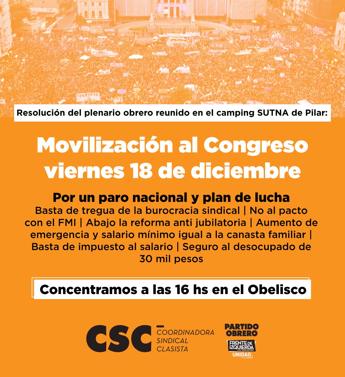 Viernes a las 16h, movilización obrera por las reivindicaciones de los trabajadores