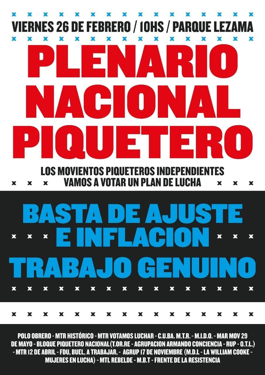 Viernes, desde las 10h, Plenario Nacional Piquetero en Parque Lezama