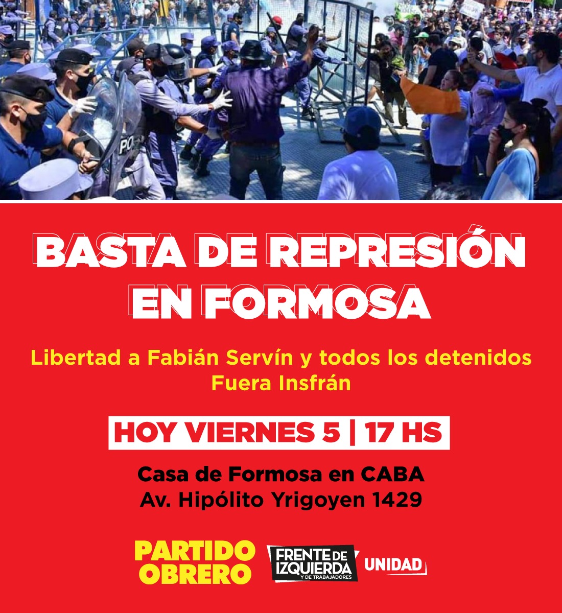 [Urgente] 17h, concentración frente a la Casa de Formosa en CABA (Av. H. Yrigoyen 1429)