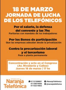 Jueves 18  a las 17h. Concentración y acto de trabajadores telefónicosfrente al Congreso