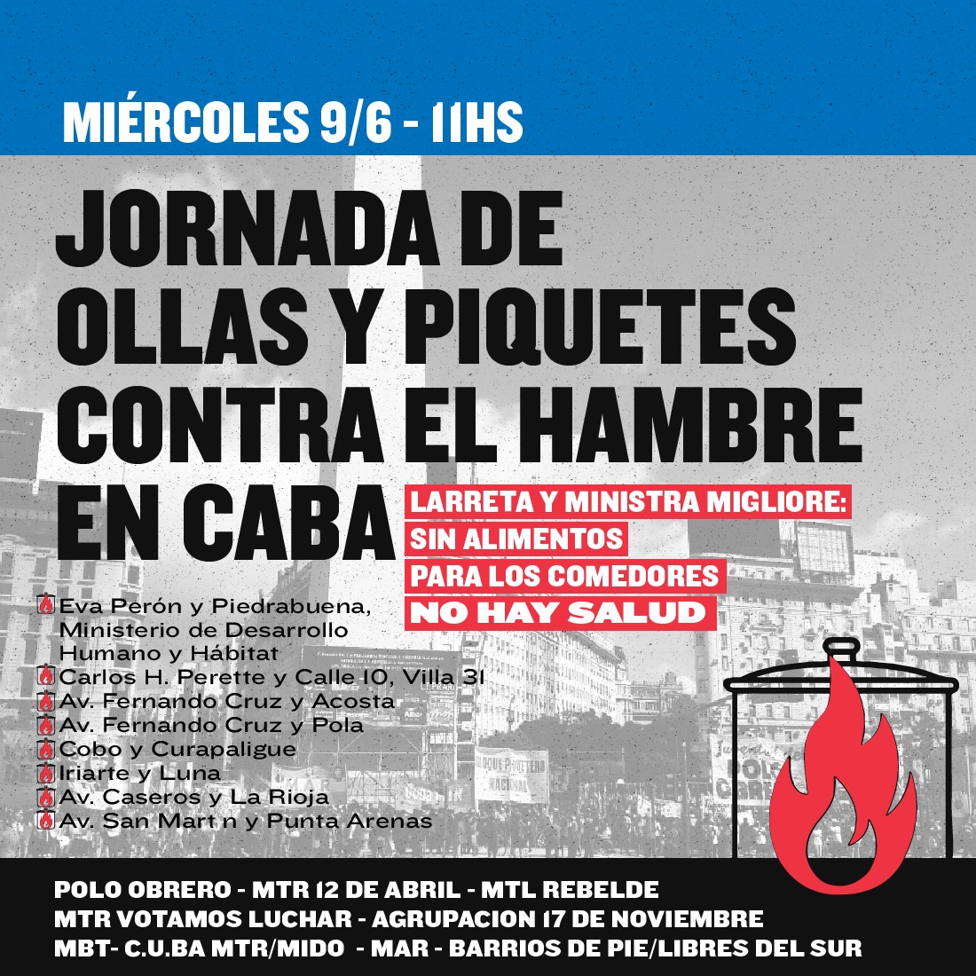 Miércoles 11h Jornada de Ollas y Piquetes contra el hambre en la Ciudad