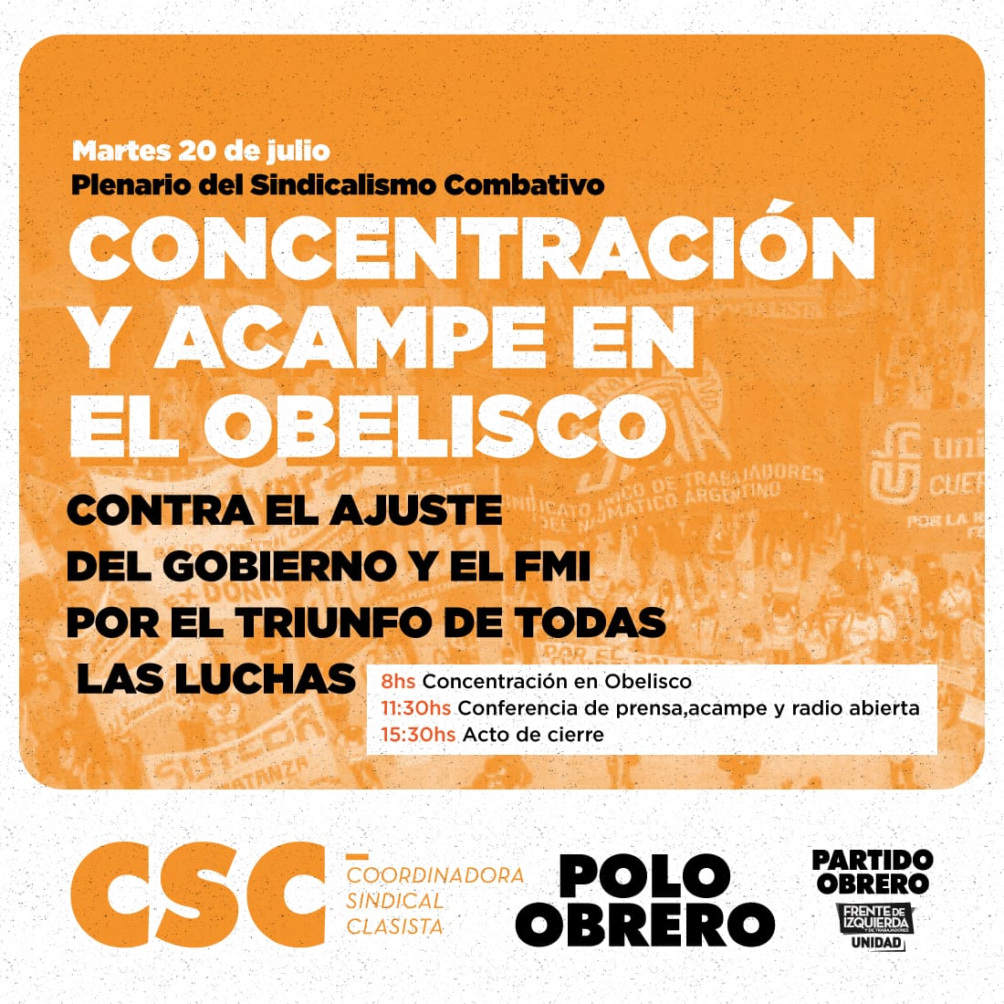 [martes 8 h] Corte en Obelisco: Jornada Nacional del Plenario del Sindicalismo Combativo