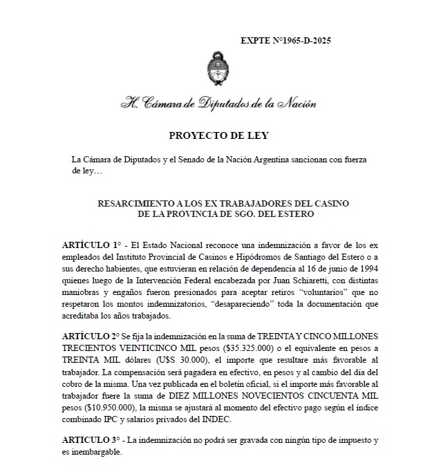 RESARCIMIENTO A LOS EX TRABAJADORES DEL CASINO DE LA PROVINCIA DE SANTIAGO DEL DEL ESTERO