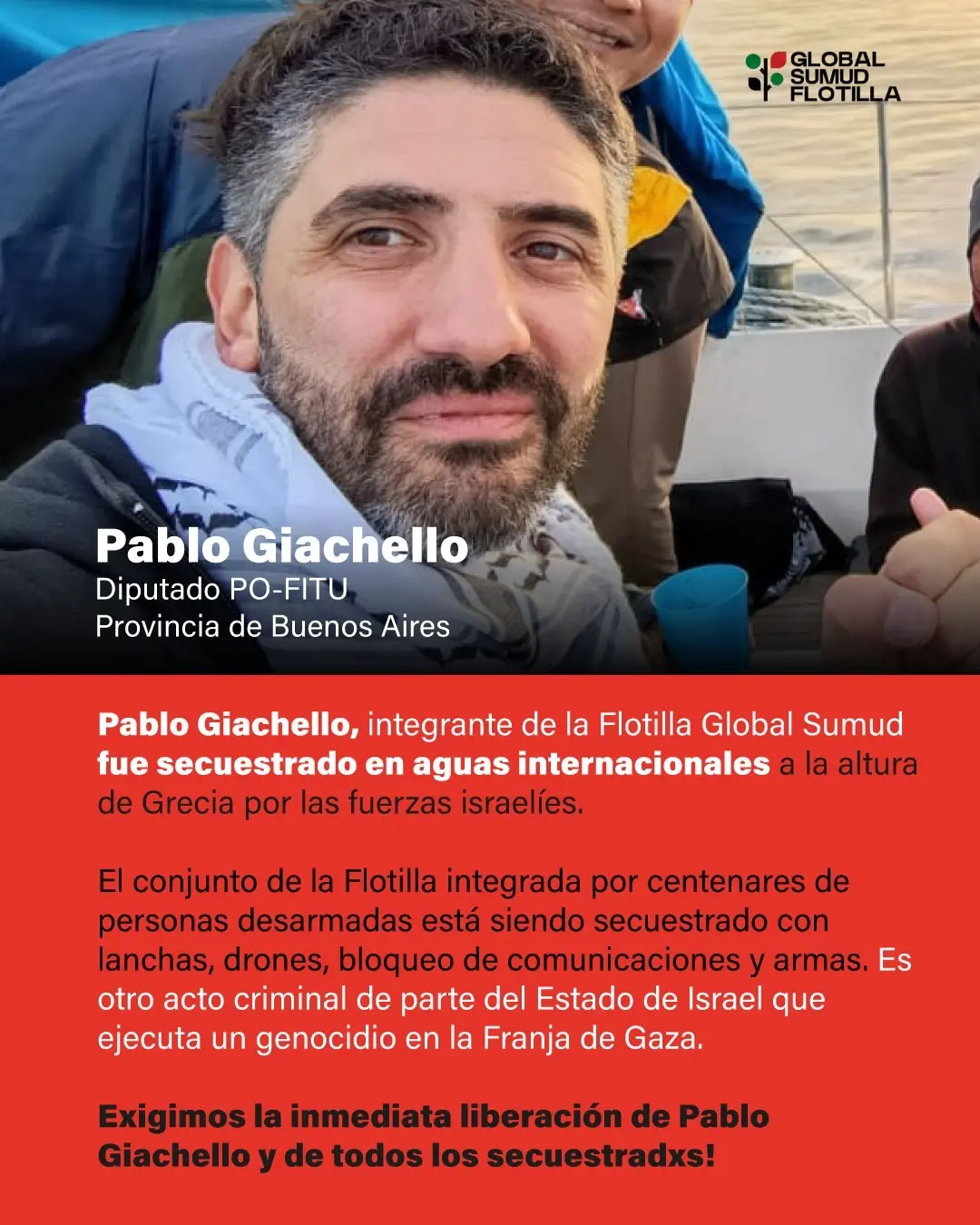 Israel secuestro a Pablo Giachello diputado provincial del Partido Obrero – Frente de Izquierda junto al conjunto de la Flotilla Global Sumud