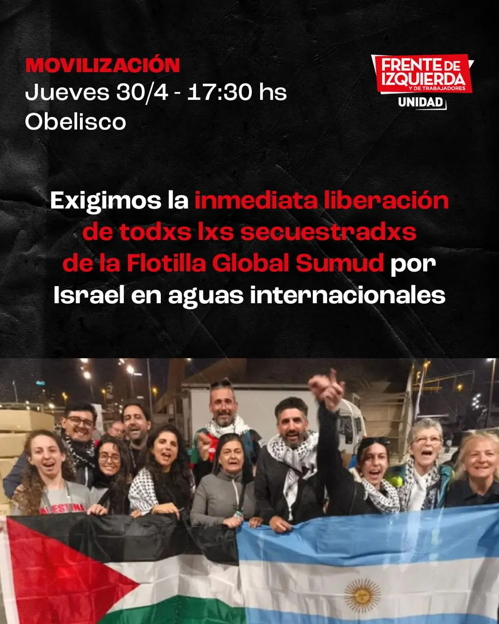 17.30H concentración en Obelisco por la inmediata libertad de Pablo Giachello y todos los detenidos de la Global Sumud por Israel
