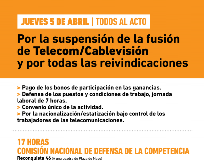 Jueves, 17h, acto por la suspensión de la fusión de Telecom y Cablevisión