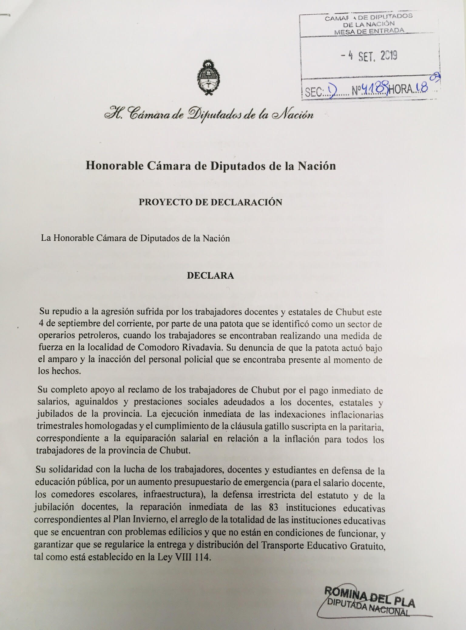 Romina Del Plá presenta proyecto en repudio a la agresión sufrida por las y los trabajadores de Chubut