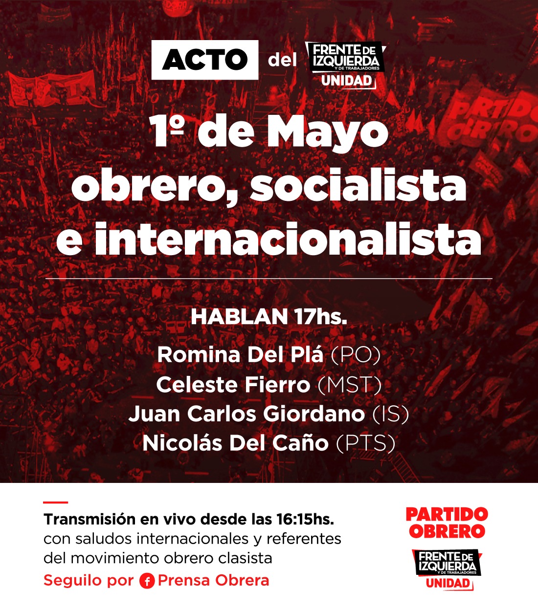 1° de mayo: acto del Frente de Izquierda vía redes sociales a las 17h