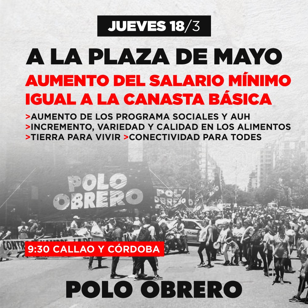 Polo Obrero: jueves 18, 14h a Plaza de Mayo