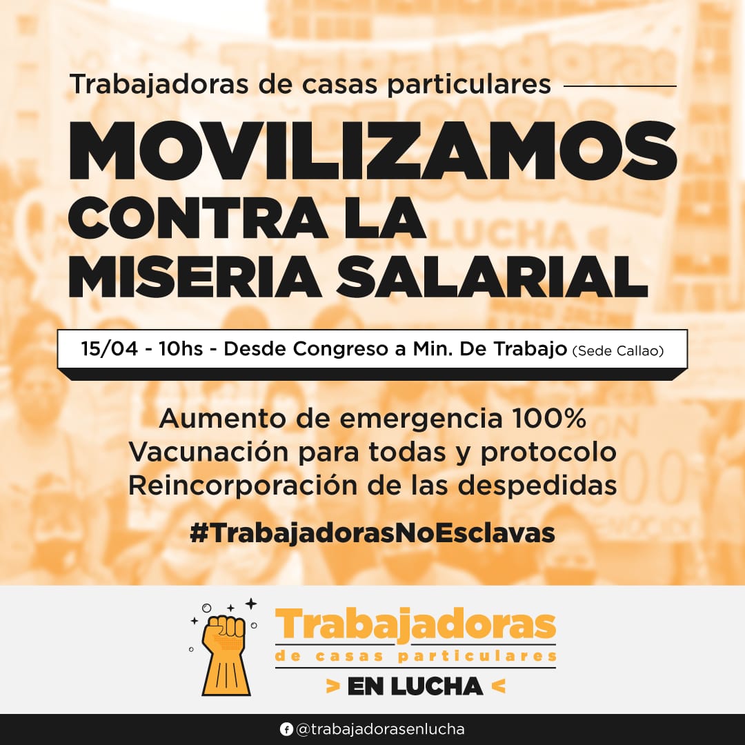 Jueves 15, 10h movilización de Trabajadoras de Casas Particulares en Lucha de Congreso a Ministerio de Trabajo de Callao 100