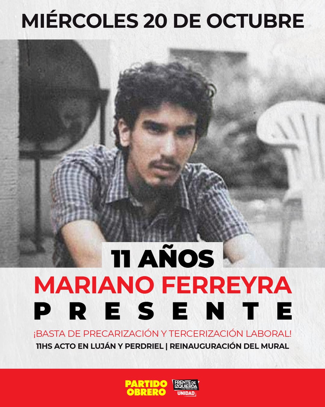 Miércoles 11h en Luján y Perdriel, acto a 11 años del asesinato de Mariano Ferreyra
